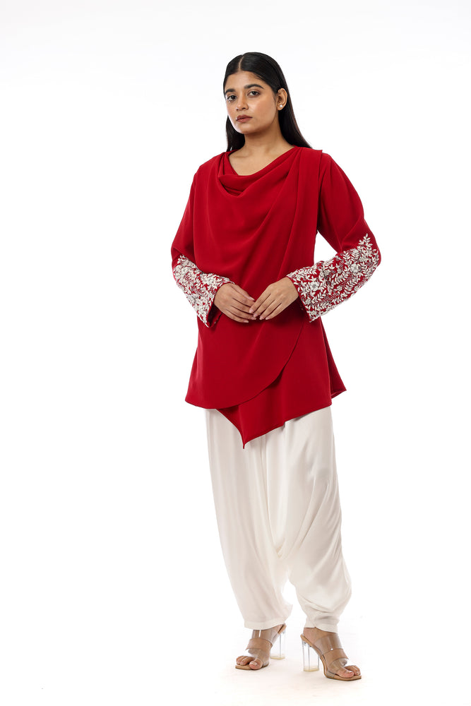 Sleeve Embroidered Cowl Top