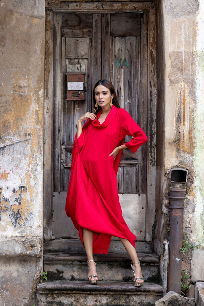 Roll Collar Cowl Dress