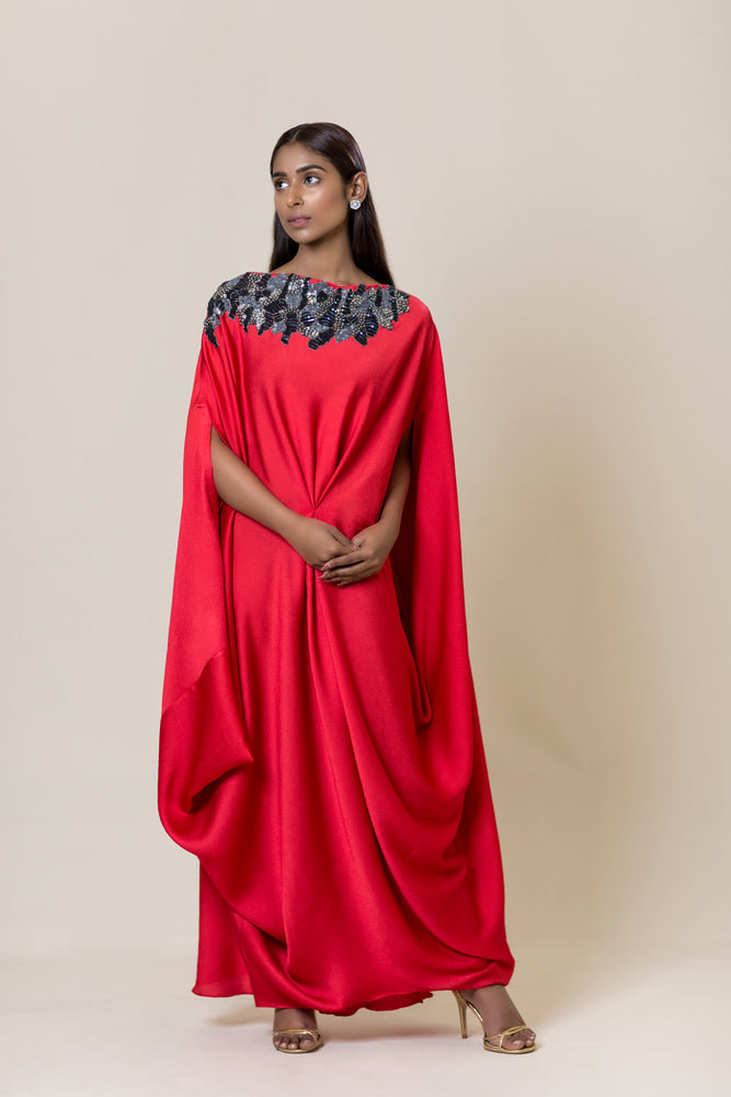 Embroidered Drape Dress