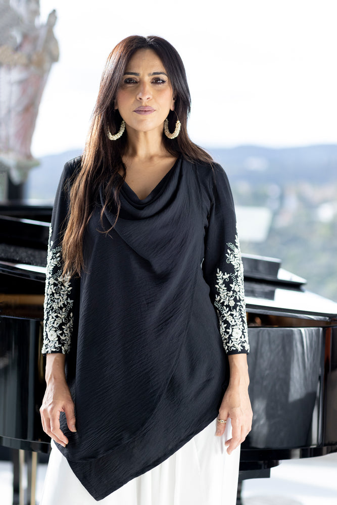 Sleeve Embroidered Cowl Top